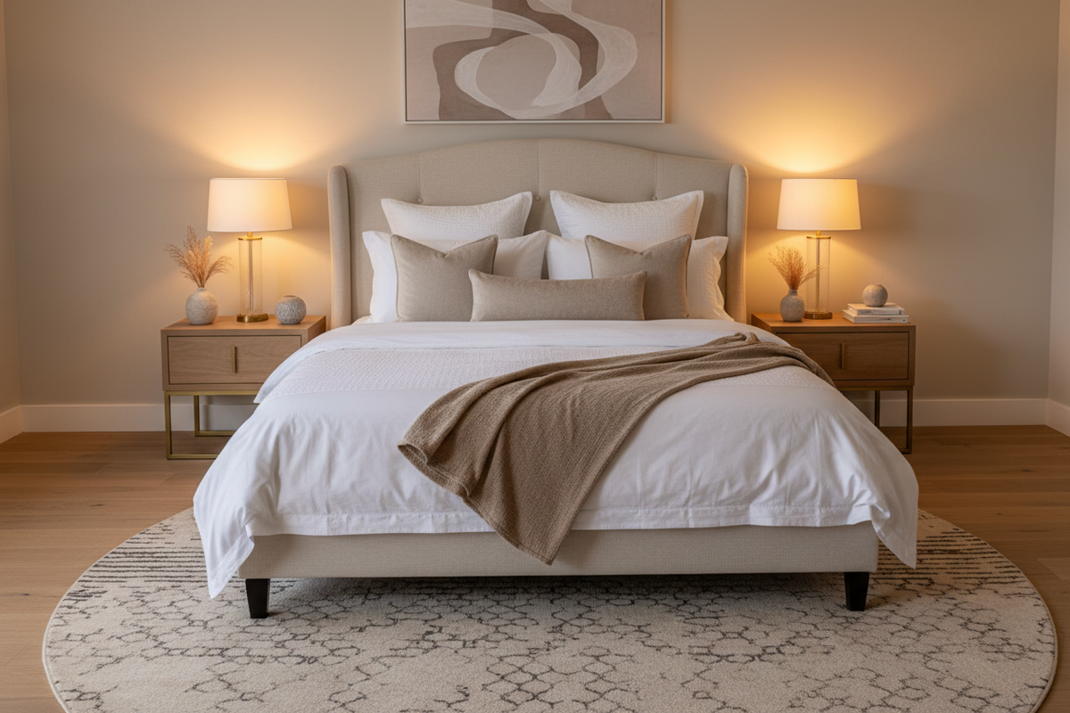 Elegant double bed with upholstered headboard