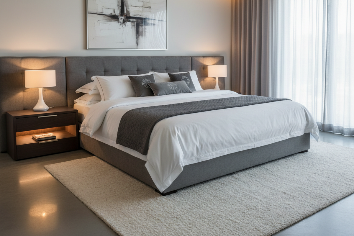 Modern king size bed with spacious sleeping area