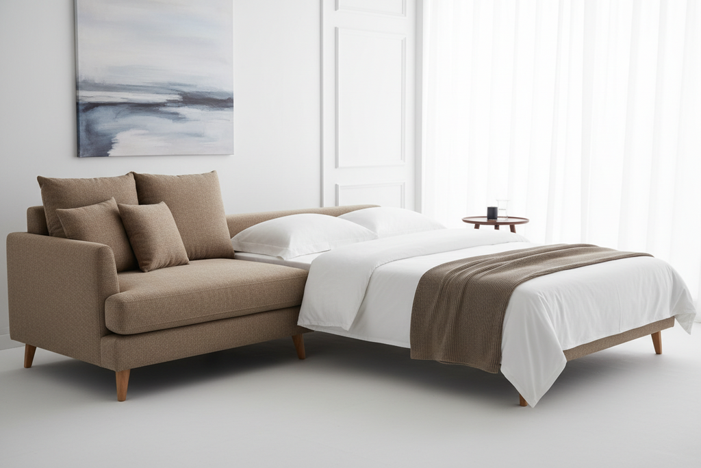 Space-saving sofa cum bed with soft cushions